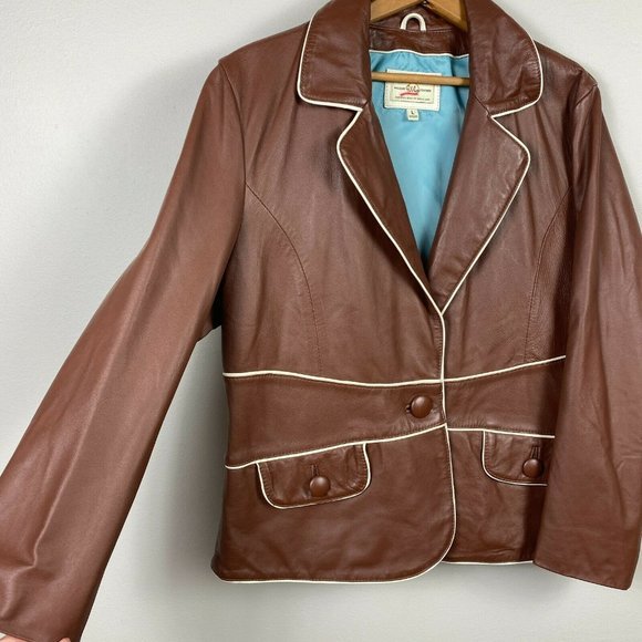 Wilsons Leather Jacket L Womens Retro V-Neck 1-Button Pockets Brown White Piping - Picture 4 of 10